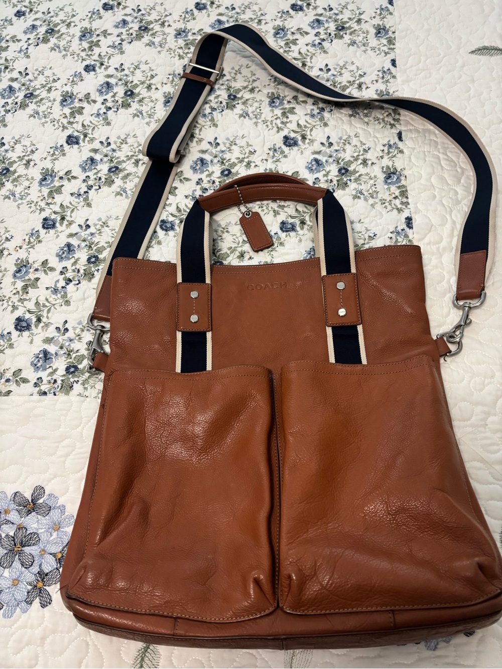 Coach Men's Tan Leather Messenger with Navy-Trim Strap